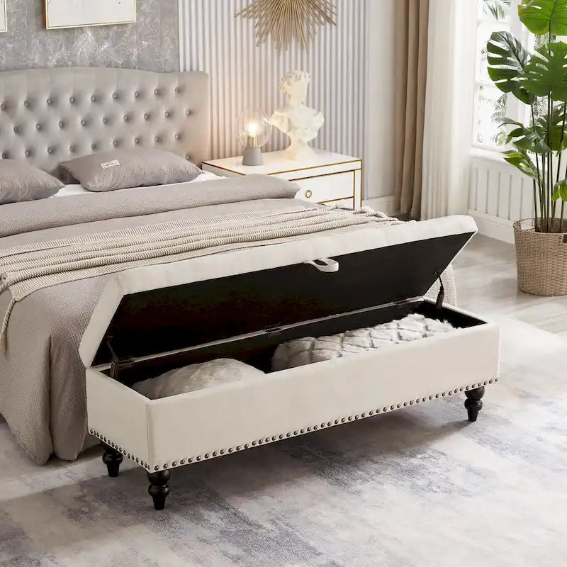 Panca contenitore con rivestimento in tessuto e gambe in legno