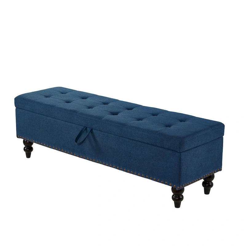 Panca contenitore con rivestimento in tessuto e gambe in legno