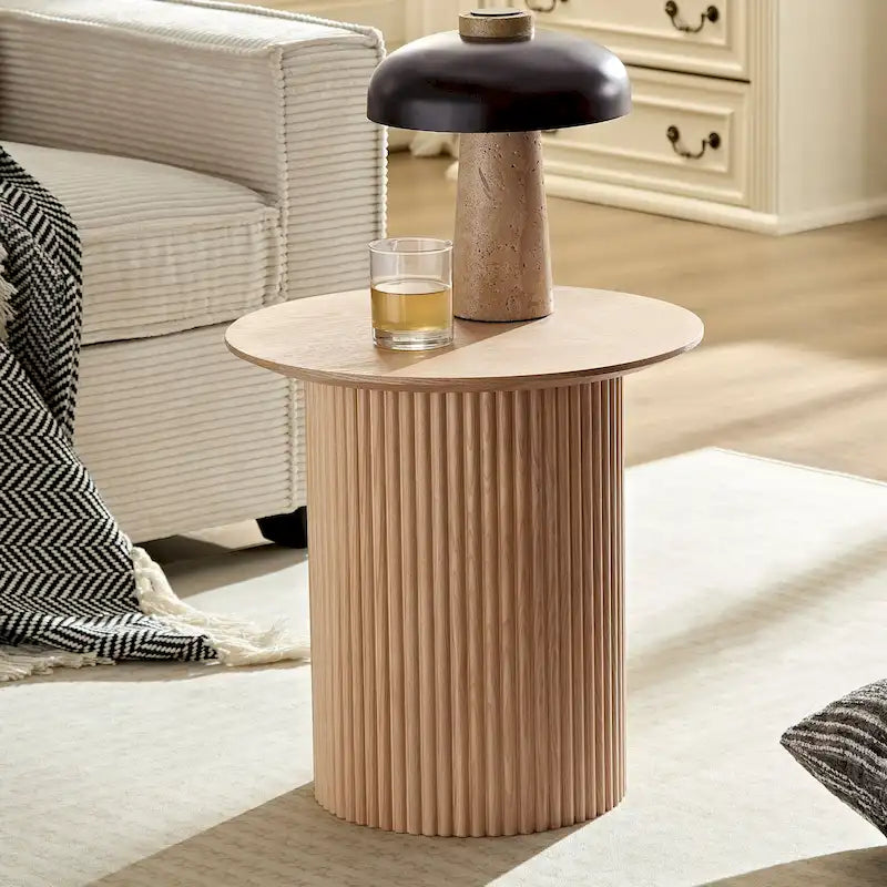 Tavolino rotondo con gamba scanalata e design a doghe, 45 cm, in rovere