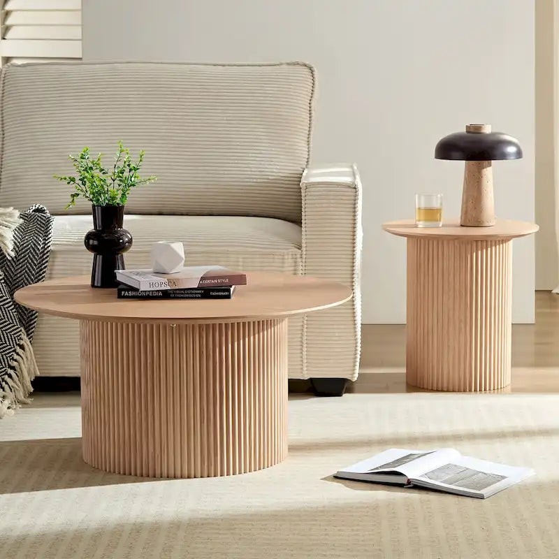Tavolino rotondo con gamba scanalata e design a doghe, 45 cm, in rovere