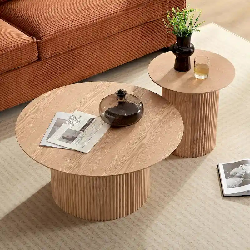 Tavolino rotondo con gamba scanalata e design a doghe, 45 cm, in rovere
