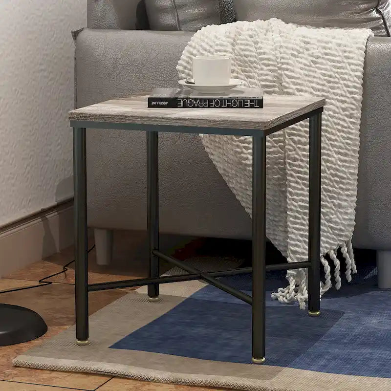 Tavolino Laterale Quadrato con Piano in Legno da 19 Pollici e Base in Metallo