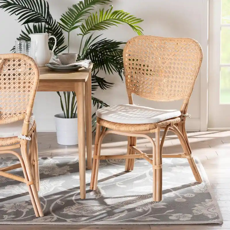 Sedia da pranzo bohémien in rattan naturale marrone con cuscino rimovibile