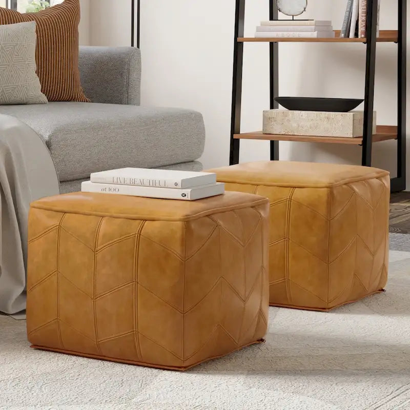 Pouf quadrato contemporaneo in pelle marrone
