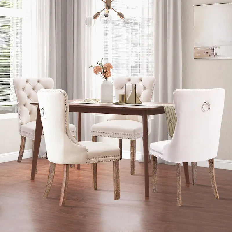 Sedie da Pranzo Imbottite in Velluto, Set da 2 con Rifiniture a Borchie e Gambe in Legno Massello