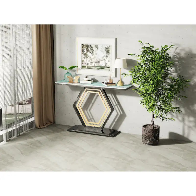 Console in pietra sinterizzata con base geometrica in metallo, 120 x 30 x 78 cm