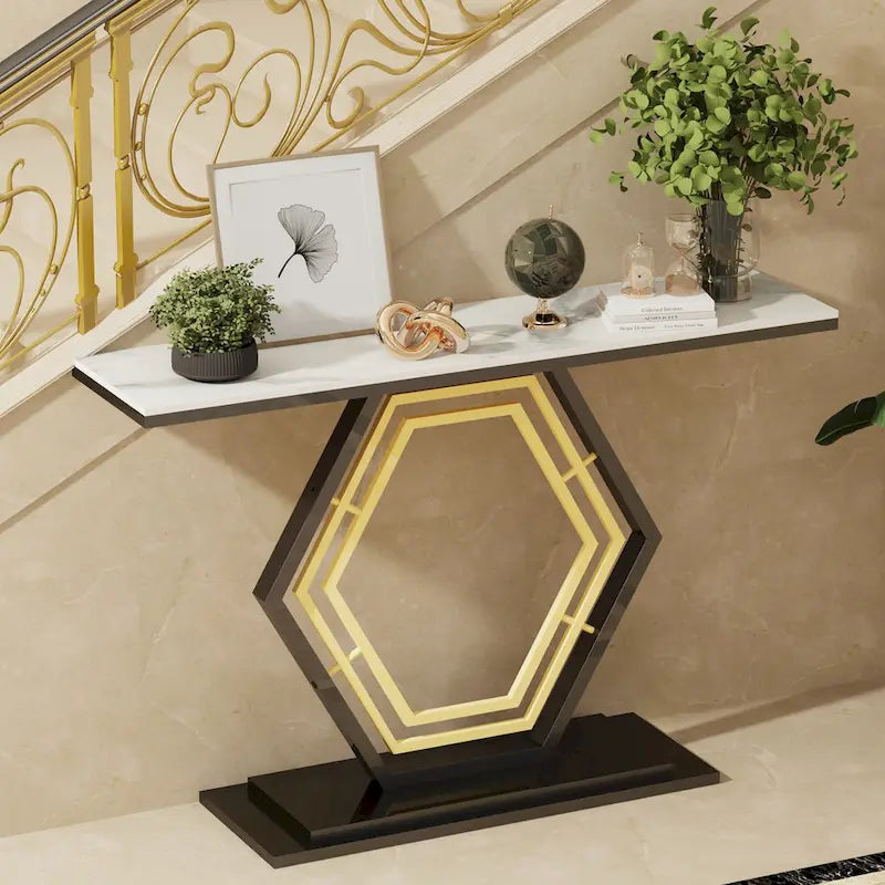 Console in pietra sinterizzata con base geometrica in metallo, 120 x 30 x 78 cm