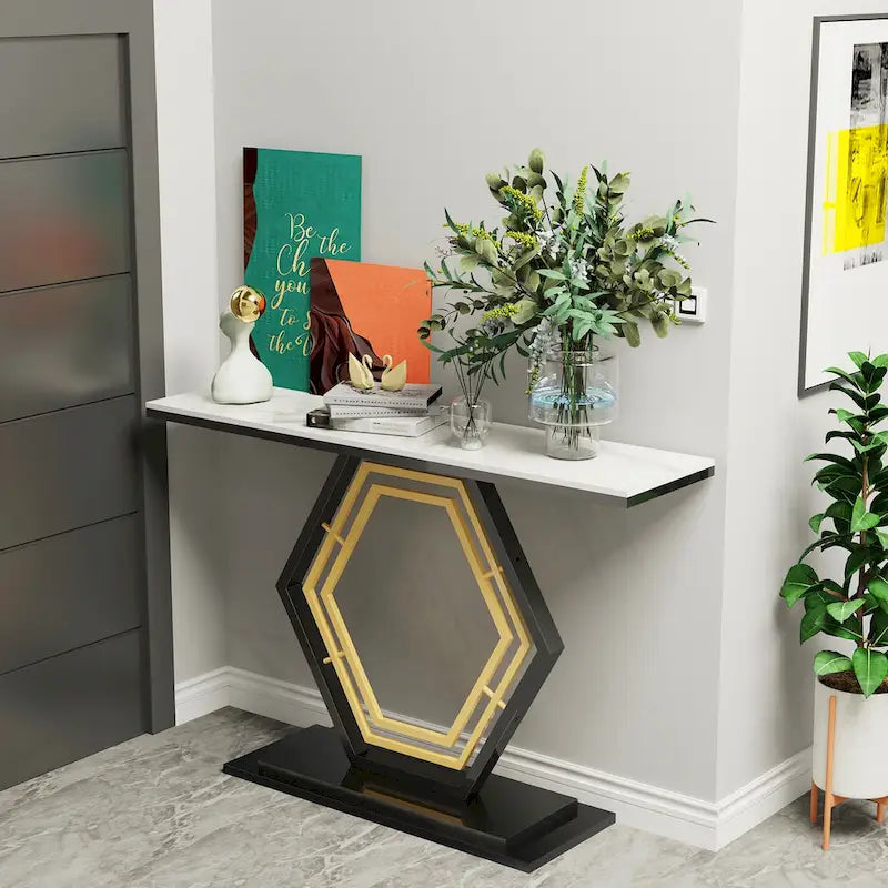 Console in pietra sinterizzata con base geometrica in metallo, 120 x 30 x 78 cm