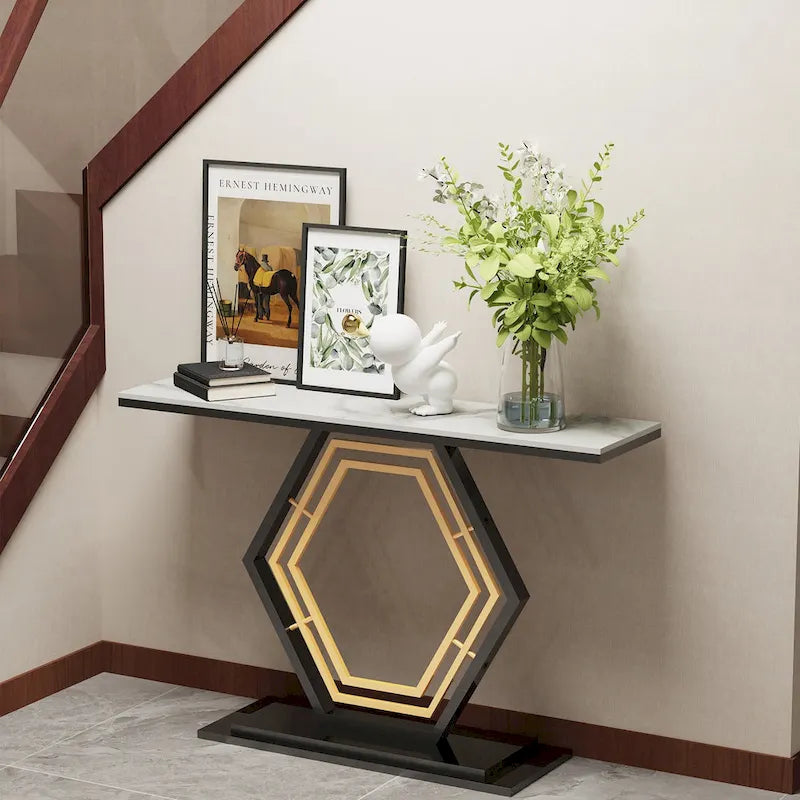 Console in pietra sinterizzata con base geometrica in metallo, 120 x 30 x 78 cm