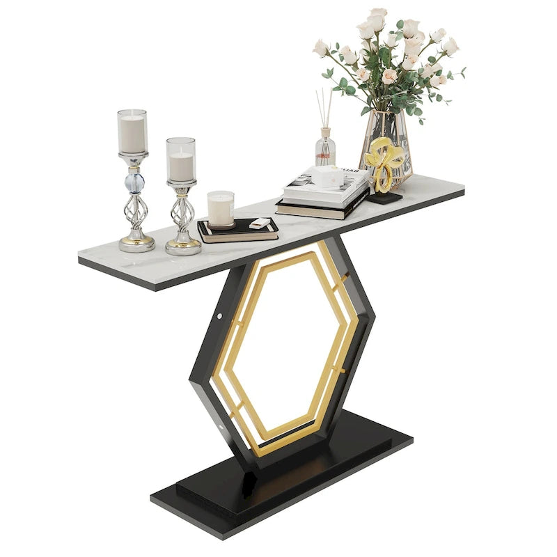 Console in pietra sinterizzata con base geometrica in metallo, 120 x 30 x 78 cm