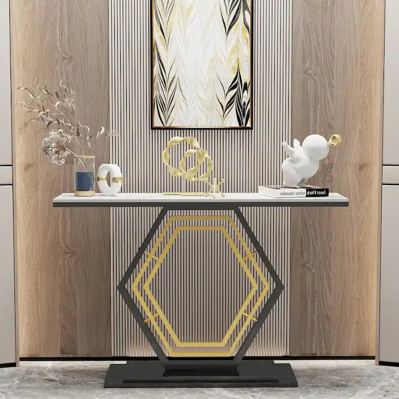 Console in pietra sinterizzata con base geometrica in metallo, 120 x 30 x 78 cm