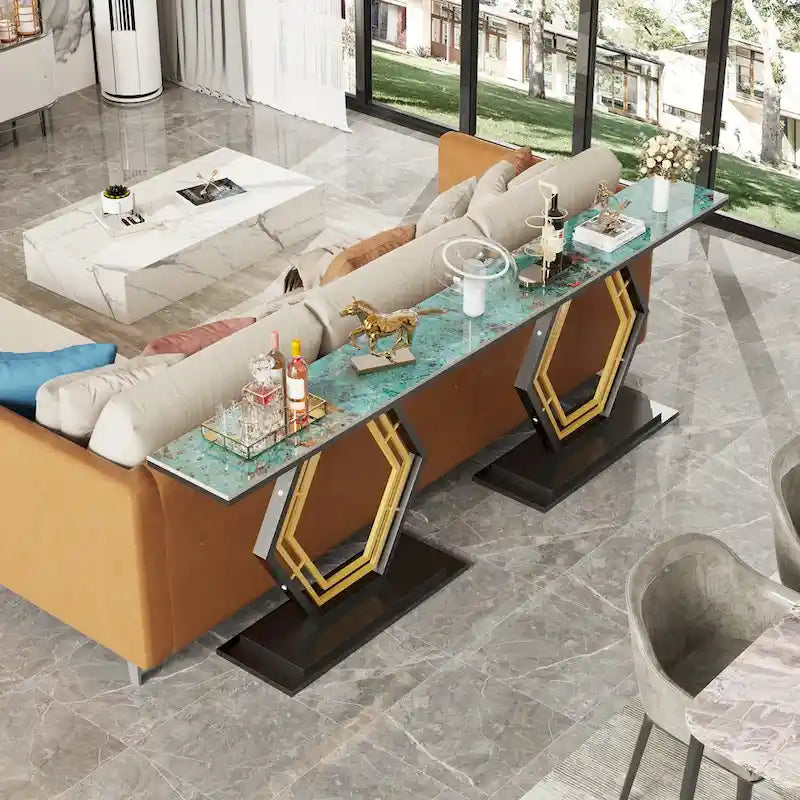 Console in pietra sinterizzata con base geometrica in metallo, 120 x 30 x 78 cm