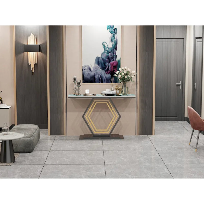 Console in pietra sinterizzata con base geometrica in metallo, 120 x 30 x 78 cm