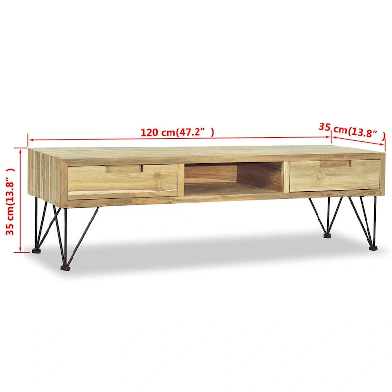 Mobile TV in Teak Massello con Cassetti e Ripiani, 120 x 35 x 35 cm