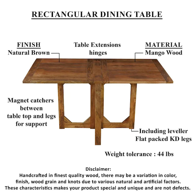Tavolo da pranzo rettangolare pieghevole da 157 cm, in legno massello di mango, 6 posti a sedere
