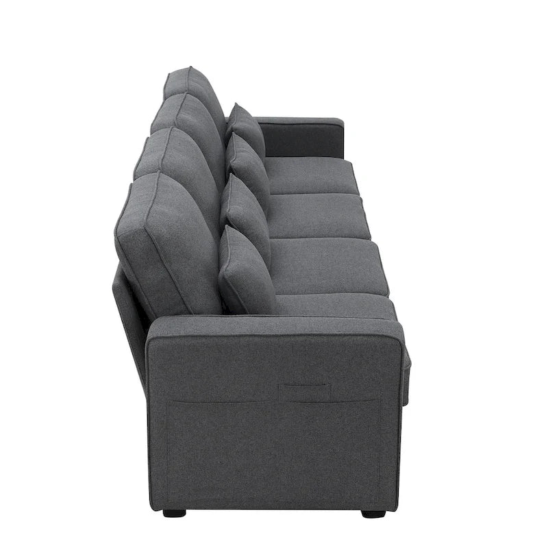 Divano moderno a 4 posti in lino con tasche sui braccioli e 4 cuscini