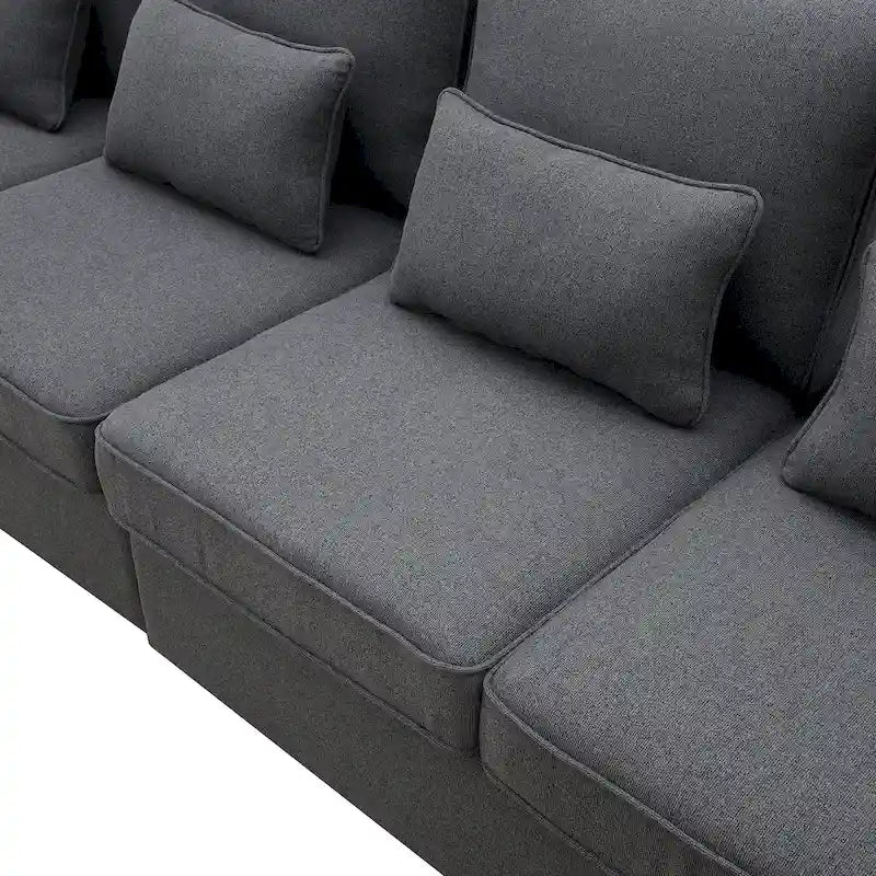 Divano moderno a 4 posti in lino con tasche sui braccioli e 4 cuscini