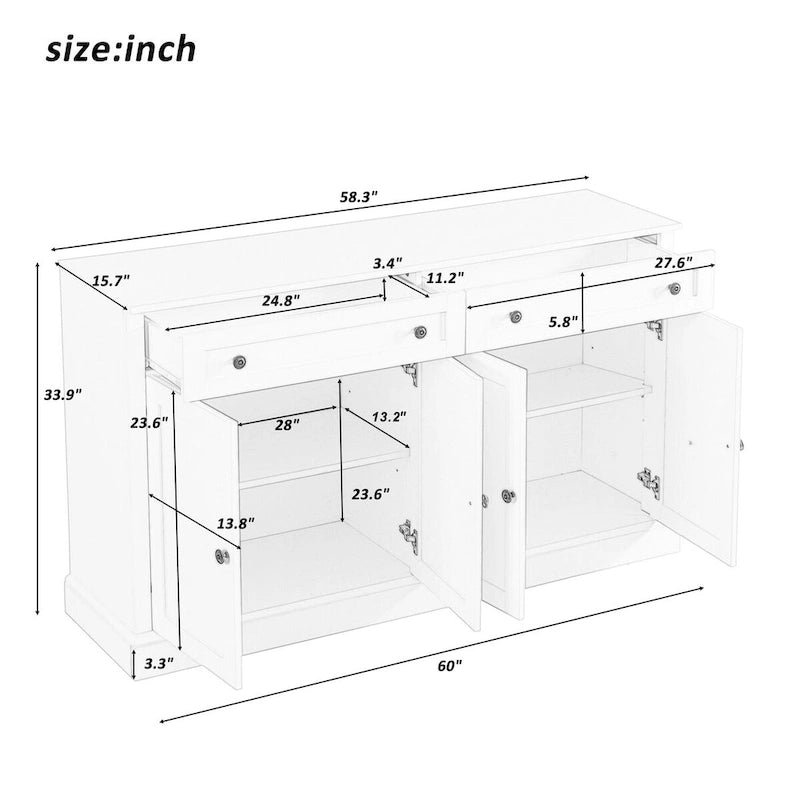 Credenza bianca con cassetti e ripiani regolabili - 148,1 L x 40,1 P x 86,1 H cm