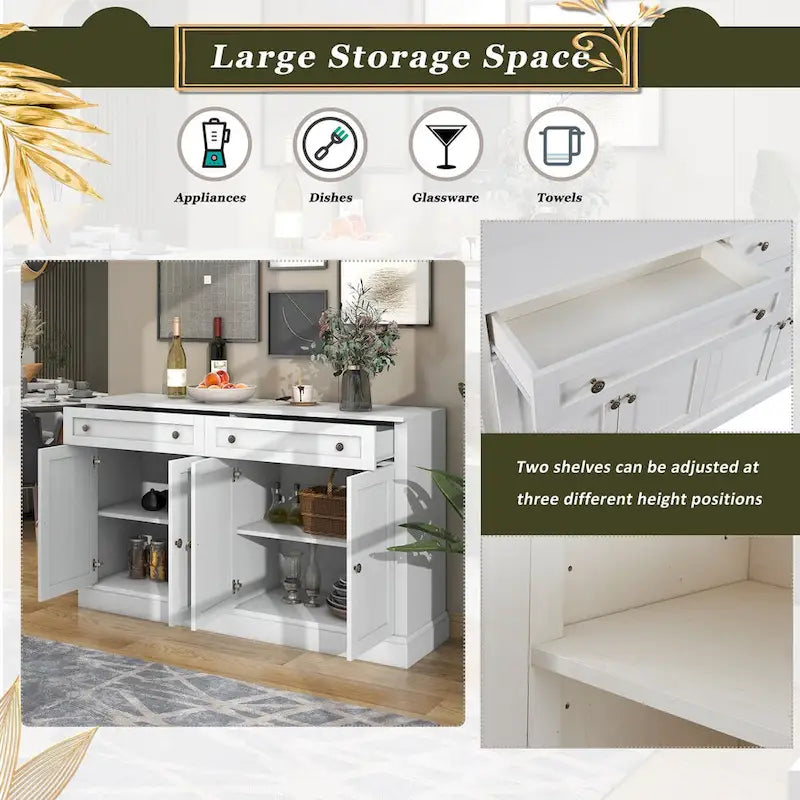 Credenza bianca con cassetti e ripiani regolabili - 148,1 L x 40,1 P x 86,1 H cm
