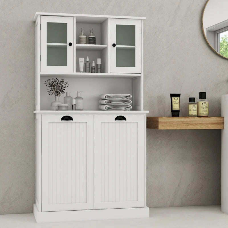 Armadio portabiancheria bianco con 2 scomparti e 2 ripiani regolabili, altezza 152,4 cm