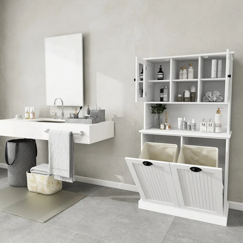 Armadio portabiancheria bianco con 2 scomparti e 2 ripiani regolabili, altezza 152,4 cm