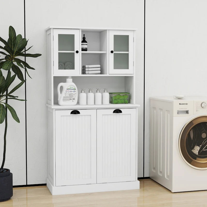 Armadio portabiancheria bianco con 2 scomparti e 2 ripiani regolabili, altezza 152,4 cm