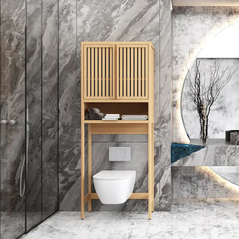 Mensola portaoggetti da bagno sopra il WC con armadietto a 2 ante, bambù, 65 pollici
